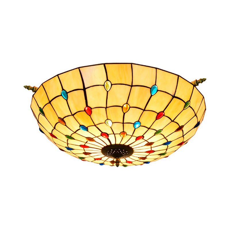 5 Heads Ceiling Lighting Tiffany Beaded Handcrafted Art Glass Semi Flush Mount Light Fixture in Brass, 21.5"/25.5" W Clearhalo 'Ceiling Lights' 'Chandeliers' 'Close To Ceiling Lights' 'Close to ceiling' 'Glass shade' 'Glass' 'Pendant Lights' 'Semi-flushmount' 'Tiffany close to ceiling' 'Tiffany' Lighting' 296445