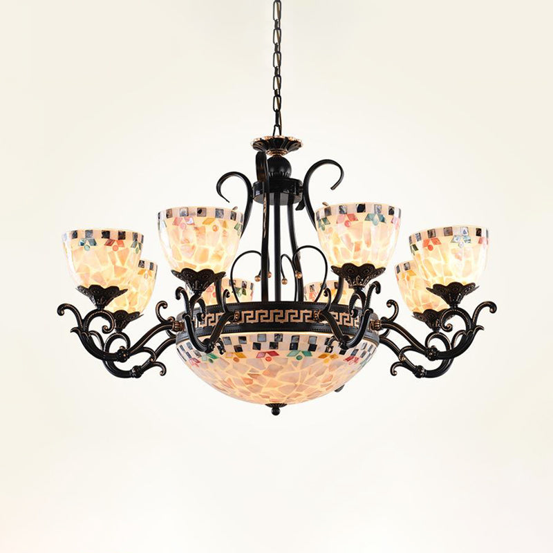 Stained Glass Mosaic Chandelier Lamp Tiffany 3/5/9 Lights Black Suspension Lighting Fixture for Living Room Clearhalo 'Ceiling Lights' 'Chandeliers' 'Close To Ceiling Lights' 'Industrial' 'Middle Century Chandeliers' 'Tiffany Chandeliers' 'Tiffany close to ceiling' 'Tiffany' Lighting' 296459