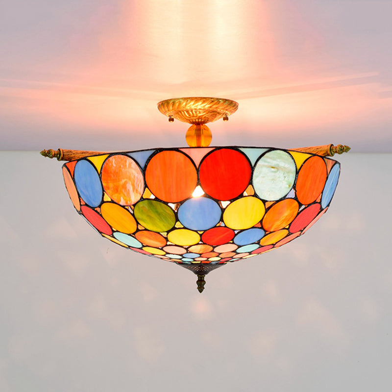 Circle Ceiling Flush Tiffany-Style Stained Art Glass 5 Heads Brass Semi Flush Mount Lighting, 21.5"/25.5" Wide Brass 21.5" Clearhalo 'Ceiling Lights' 'Chandeliers' 'Close To Ceiling Lights' 'Close to ceiling' 'Glass shade' 'Glass' 'Semi-flushmount' 'Tiffany close to ceiling' 'Tiffany' Lighting' 296461