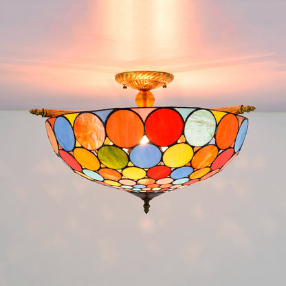Circle Ceiling Flush Tiffany-Style Stained Art Glass 5 Heads Brass Semi Flush Mount Lighting, 21.5"/25.5" Wide Brass 21.5" Clearhalo 'Ceiling Lights' 'Chandeliers' 'Close To Ceiling Lights' 'Close to ceiling' 'Glass shade' 'Glass' 'Semi-flushmount' 'Tiffany close to ceiling' 'Tiffany' Lighting' 296461