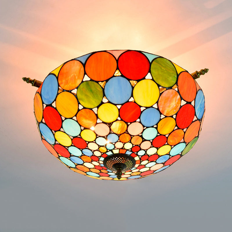 Circle Ceiling Flush Tiffany-Style Stained Art Glass 5 Heads Brass Semi Flush Mount Lighting, 21.5"/25.5" Wide Clearhalo 'Ceiling Lights' 'Chandeliers' 'Close To Ceiling Lights' 'Close to ceiling' 'Glass shade' 'Glass' 'Semi-flushmount' 'Tiffany close to ceiling' 'Tiffany' Lighting' 296462