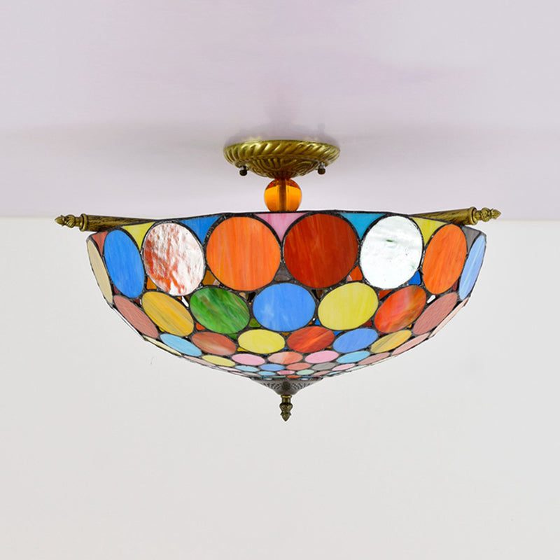 Circle Ceiling Flush Tiffany-Style Stained Art Glass 5 Heads Brass Semi Flush Mount Lighting, 21.5"/25.5" Wide Clearhalo 'Ceiling Lights' 'Chandeliers' 'Close To Ceiling Lights' 'Close to ceiling' 'Glass shade' 'Glass' 'Semi-flushmount' 'Tiffany close to ceiling' 'Tiffany' Lighting' 296463