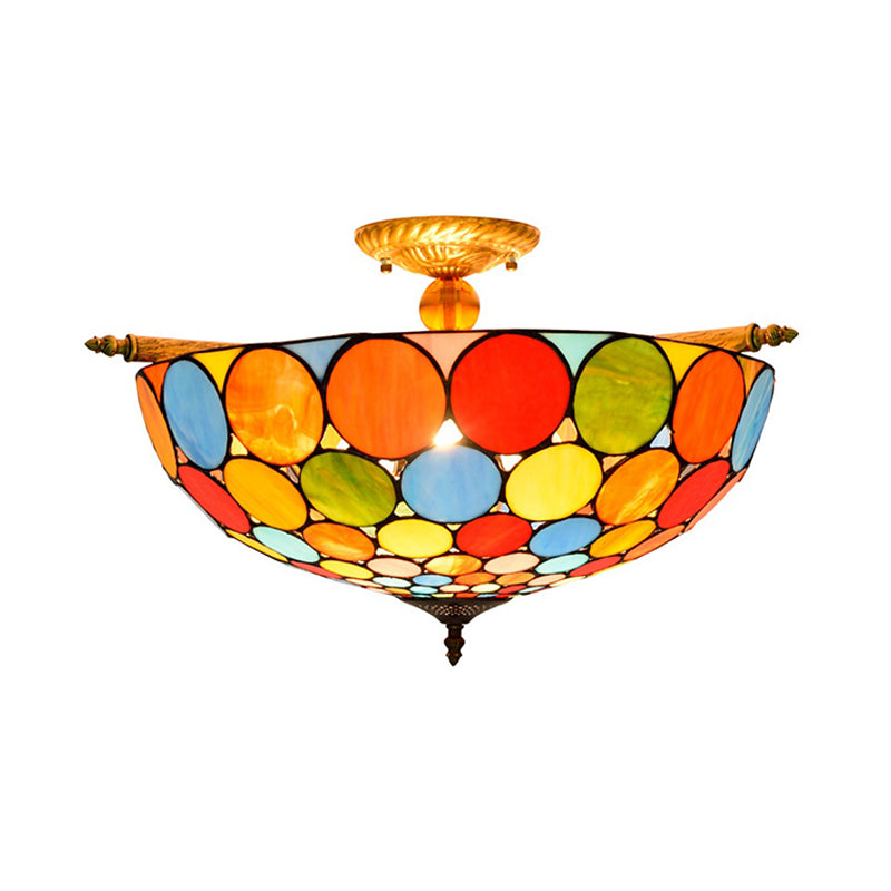 Circle Ceiling Flush Tiffany-Style Stained Art Glass 5 Heads Brass Semi Flush Mount Lighting, 21.5"/25.5" Wide Clearhalo 'Ceiling Lights' 'Chandeliers' 'Close To Ceiling Lights' 'Close to ceiling' 'Glass shade' 'Glass' 'Semi-flushmount' 'Tiffany close to ceiling' 'Tiffany' Lighting' 296464
