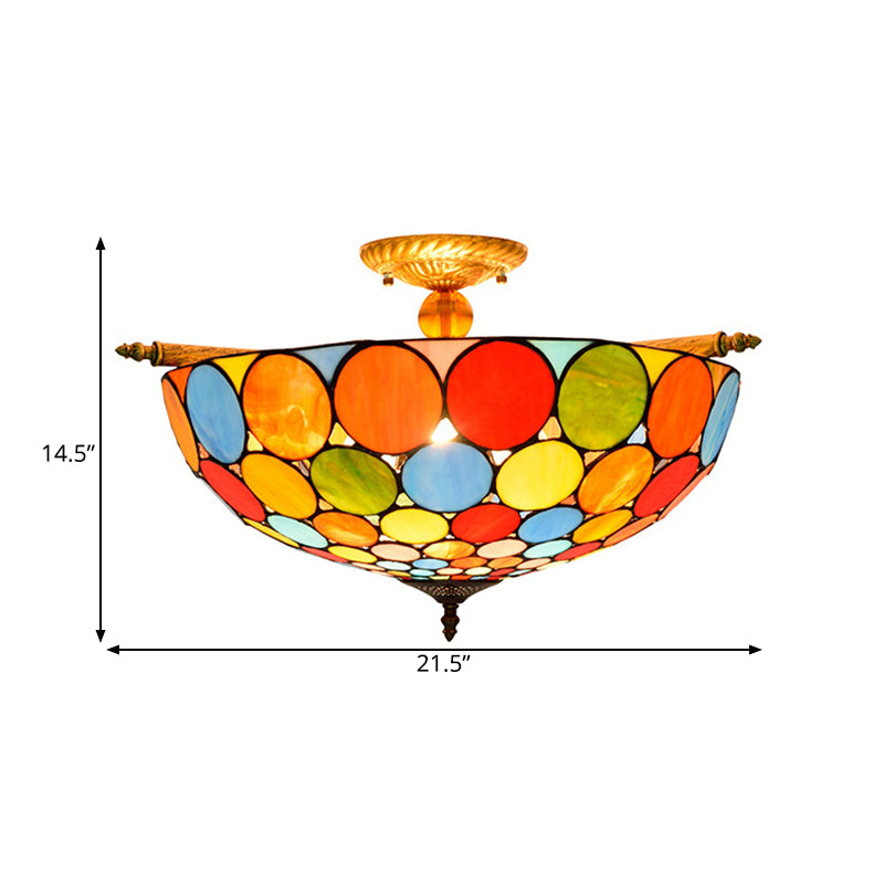 Circle Ceiling Flush Tiffany-Style Stained Art Glass 5 Heads Brass Semi Flush Mount Lighting, 21.5"/25.5" Wide Clearhalo 'Ceiling Lights' 'Chandeliers' 'Close To Ceiling Lights' 'Close to ceiling' 'Glass shade' 'Glass' 'Semi-flushmount' 'Tiffany close to ceiling' 'Tiffany' Lighting' 296465