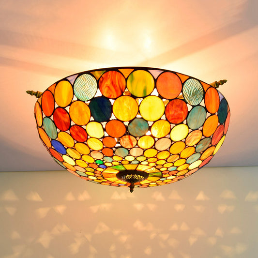 Circle Ceiling Flush Tiffany-Style Stained Art Glass 5 Heads Brass Semi Flush Mount Lighting, 21.5"/25.5" Wide Brass 25.5" Clearhalo 'Ceiling Lights' 'Chandeliers' 'Close To Ceiling Lights' 'Close to ceiling' 'Glass shade' 'Glass' 'Semi-flushmount' 'Tiffany close to ceiling' 'Tiffany' Lighting' 296466