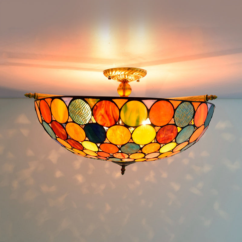 Circle Ceiling Flush Tiffany-Style Stained Art Glass 5 Heads Brass Semi Flush Mount Lighting, 21.5"/25.5" Wide Clearhalo 'Ceiling Lights' 'Chandeliers' 'Close To Ceiling Lights' 'Close to ceiling' 'Glass shade' 'Glass' 'Semi-flushmount' 'Tiffany close to ceiling' 'Tiffany' Lighting' 296467