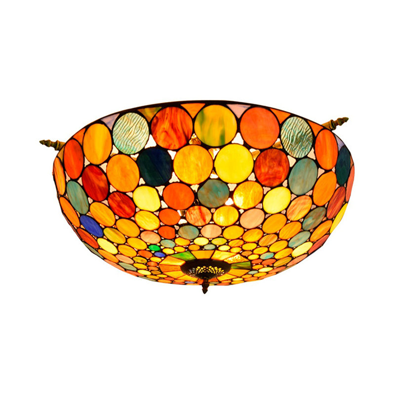 Circle Ceiling Flush Tiffany-Style Stained Art Glass 5 Heads Brass Semi Flush Mount Lighting, 21.5"/25.5" Wide Clearhalo 'Ceiling Lights' 'Chandeliers' 'Close To Ceiling Lights' 'Close to ceiling' 'Glass shade' 'Glass' 'Semi-flushmount' 'Tiffany close to ceiling' 'Tiffany' Lighting' 296468