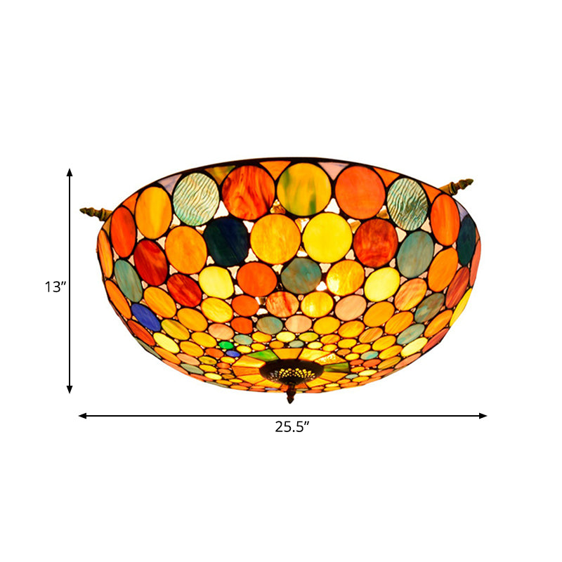 Circle Ceiling Flush Tiffany-Style Stained Art Glass 5 Heads Brass Semi Flush Mount Lighting, 21.5"/25.5" Wide Clearhalo 'Ceiling Lights' 'Chandeliers' 'Close To Ceiling Lights' 'Close to ceiling' 'Glass shade' 'Glass' 'Semi-flushmount' 'Tiffany close to ceiling' 'Tiffany' Lighting' 296469