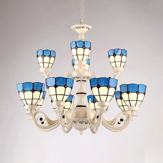 12 Lights Grid Patterned Chandelier Lighting Fixture Baroque White Stained Glass Pendant Light Kit Clearhalo 'Ceiling Lights' 'Chandeliers' 'Industrial' 'Middle Century Chandeliers' 'Tiffany Chandeliers' 'Tiffany close to ceiling' 'Tiffany' Lighting' 296476