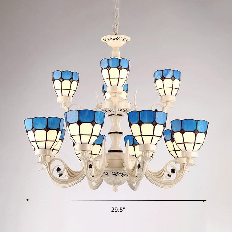 12 Lights Grid Patterned Chandelier Lighting Fixture Baroque White Stained Glass Pendant Light Kit Clearhalo 'Ceiling Lights' 'Chandeliers' 'Industrial' 'Middle Century Chandeliers' 'Tiffany Chandeliers' 'Tiffany close to ceiling' 'Tiffany' Lighting' 296477