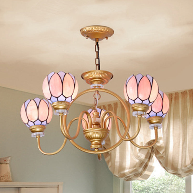 Gold 3/5/6 Lights Chandelier Pendant Light Tiffany Stained Glass Flower Ceiling Lamp for Living Room 5 Gold Clearhalo 'Ceiling Lights' 'Chandeliers' 'Close To Ceiling Lights' 'Industrial' 'Middle Century Chandeliers' 'Tiffany Chandeliers' 'Tiffany close to ceiling' 'Tiffany' Lighting' 296480