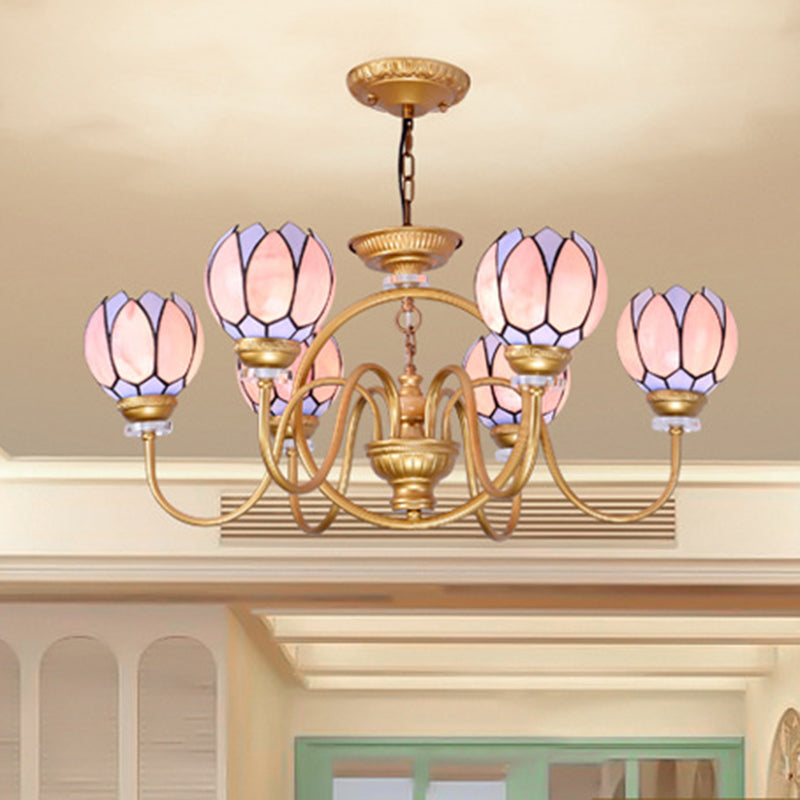 Gold 3/5/6 Lights Chandelier Pendant Light Tiffany Stained Glass Flower Ceiling Lamp for Living Room 6 Gold Clearhalo 'Ceiling Lights' 'Chandeliers' 'Close To Ceiling Lights' 'Industrial' 'Middle Century Chandeliers' 'Tiffany Chandeliers' 'Tiffany close to ceiling' 'Tiffany' Lighting' 296488