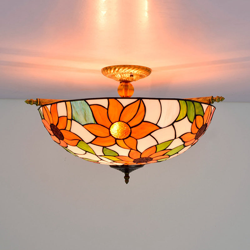 Stained Glass Flower Ceiling Fixture Tiffany 5 Lights Pink/Yellow/Blue Semi Flush Mount Light for Bedroom, 21.5"/25.5" W Yellow 21.5" Clearhalo 'Ceiling Lights' 'Close To Ceiling Lights' 'Close to ceiling' 'Glass shade' 'Glass' 'Semi-flushmount' 'Tiffany close to ceiling' 'Tiffany' Lighting' 296494