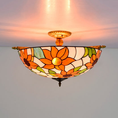 Stained Glass Flower Ceiling Fixture Tiffany 5 Lights Pink/Yellow/Blue Semi Flush Mount Light for Bedroom, 21.5"/25.5" W Yellow 21.5" Clearhalo 'Ceiling Lights' 'Close To Ceiling Lights' 'Close to ceiling' 'Glass shade' 'Glass' 'Semi-flushmount' 'Tiffany close to ceiling' 'Tiffany' Lighting' 296494