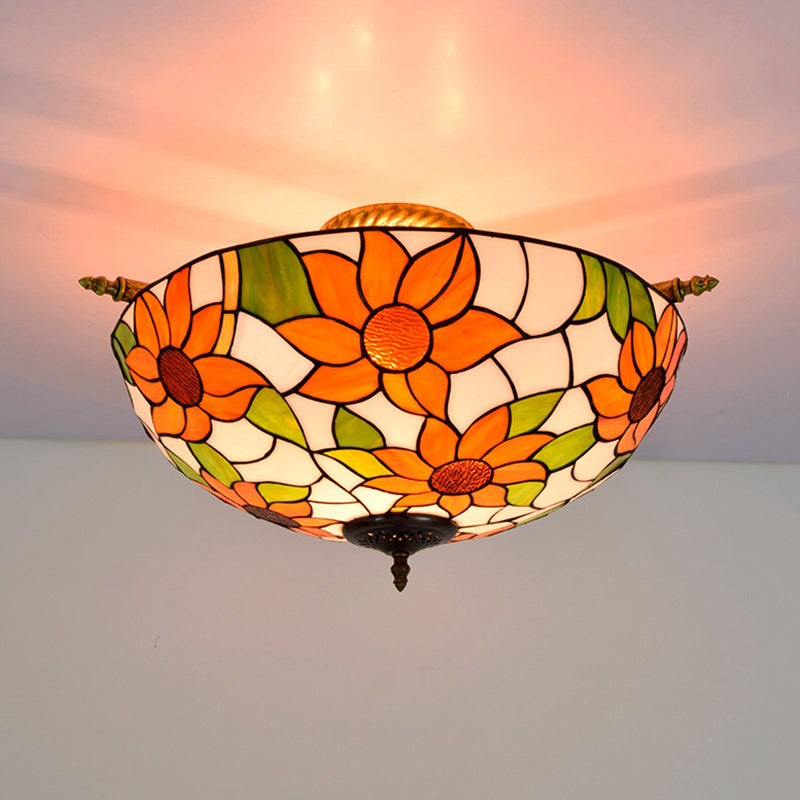 Stained Glass Flower Ceiling Fixture Tiffany 5 Lights Pink/Yellow/Blue Semi Flush Mount Light for Bedroom, 21.5"/25.5" W Clearhalo 'Ceiling Lights' 'Close To Ceiling Lights' 'Close to ceiling' 'Glass shade' 'Glass' 'Semi-flushmount' 'Tiffany close to ceiling' 'Tiffany' Lighting' 296495
