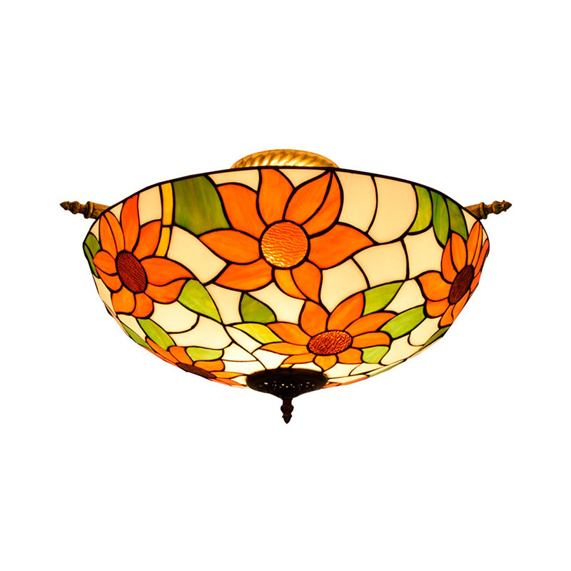 Stained Glass Flower Ceiling Fixture Tiffany 5 Lights Pink/Yellow/Blue Semi Flush Mount Light for Bedroom, 21.5"/25.5" W Clearhalo 'Ceiling Lights' 'Close To Ceiling Lights' 'Close to ceiling' 'Glass shade' 'Glass' 'Semi-flushmount' 'Tiffany close to ceiling' 'Tiffany' Lighting' 296496