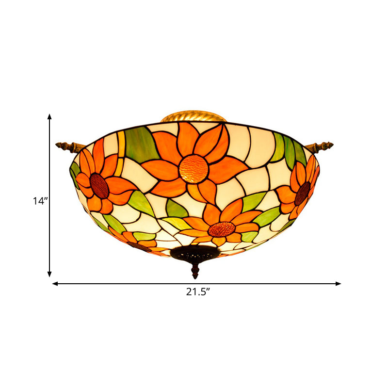 Stained Glass Flower Ceiling Fixture Tiffany 5 Lights Pink/Yellow/Blue Semi Flush Mount Light for Bedroom, 21.5"/25.5" W Clearhalo 'Ceiling Lights' 'Close To Ceiling Lights' 'Close to ceiling' 'Glass shade' 'Glass' 'Semi-flushmount' 'Tiffany close to ceiling' 'Tiffany' Lighting' 296497