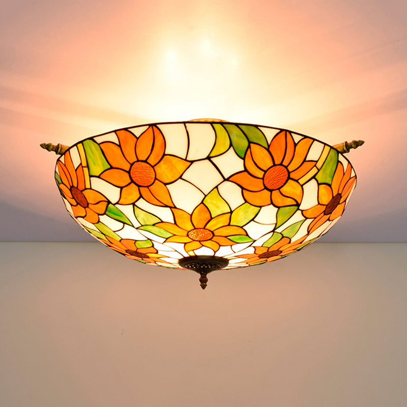 Stained Glass Flower Ceiling Fixture Tiffany 5 Lights Pink/Yellow/Blue Semi Flush Mount Light for Bedroom, 21.5"/25.5" W Yellow 25.5" Clearhalo 'Ceiling Lights' 'Close To Ceiling Lights' 'Close to ceiling' 'Glass shade' 'Glass' 'Semi-flushmount' 'Tiffany close to ceiling' 'Tiffany' Lighting' 296499