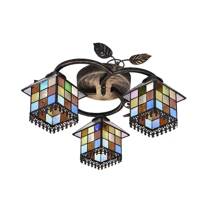 Stained Glass Ceiling Light, Cube Semi Flush Mount Light in Antique Brass with Leaf Decoration Tiffany Style Clearhalo 'Ceiling Lights' 'Close To Ceiling Lights' 'Close to ceiling' 'Glass shade' 'Glass' 'Semi-flushmount' 'Tiffany close to ceiling' 'Tiffany' Lighting' 2965
