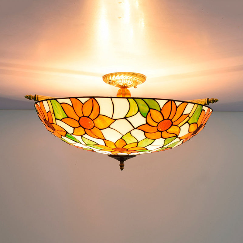Stained Glass Flower Ceiling Fixture Tiffany 5 Lights Pink/Yellow/Blue Semi Flush Mount Light for Bedroom, 21.5"/25.5" W Clearhalo 'Ceiling Lights' 'Close To Ceiling Lights' 'Close to ceiling' 'Glass shade' 'Glass' 'Semi-flushmount' 'Tiffany close to ceiling' 'Tiffany' Lighting' 296500
