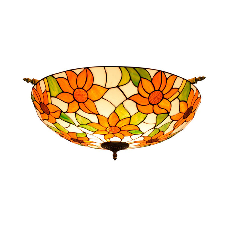 Stained Glass Flower Ceiling Fixture Tiffany 5 Lights Pink/Yellow/Blue Semi Flush Mount Light for Bedroom, 21.5"/25.5" W Clearhalo 'Ceiling Lights' 'Close To Ceiling Lights' 'Close to ceiling' 'Glass shade' 'Glass' 'Semi-flushmount' 'Tiffany close to ceiling' 'Tiffany' Lighting' 296501