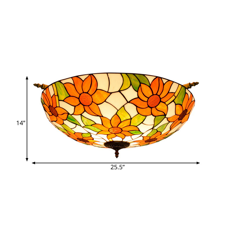 Stained Glass Flower Ceiling Fixture Tiffany 5 Lights Pink/Yellow/Blue Semi Flush Mount Light for Bedroom, 21.5"/25.5" W Clearhalo 'Ceiling Lights' 'Close To Ceiling Lights' 'Close to ceiling' 'Glass shade' 'Glass' 'Semi-flushmount' 'Tiffany close to ceiling' 'Tiffany' Lighting' 296502