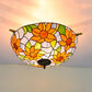 Stained Glass Flower Ceiling Fixture Tiffany 5 Lights Pink/Yellow/Blue Semi Flush Mount Light for Bedroom, 21.5"/25.5" W Blue 21.5" Clearhalo 'Ceiling Lights' 'Close To Ceiling Lights' 'Close to ceiling' 'Glass shade' 'Glass' 'Semi-flushmount' 'Tiffany close to ceiling' 'Tiffany' Lighting' 296503
