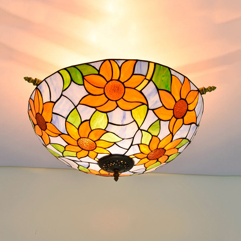 Stained Glass Flower Ceiling Fixture Tiffany 5 Lights Pink/Yellow/Blue Semi Flush Mount Light for Bedroom, 21.5"/25.5" W Blue 21.5" Clearhalo 'Ceiling Lights' 'Close To Ceiling Lights' 'Close to ceiling' 'Glass shade' 'Glass' 'Semi-flushmount' 'Tiffany close to ceiling' 'Tiffany' Lighting' 296503