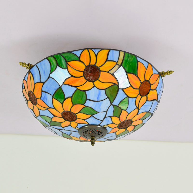 Stained Glass Flower Ceiling Fixture Tiffany 5 Lights Pink/Yellow/Blue Semi Flush Mount Light for Bedroom, 21.5"/25.5" W Clearhalo 'Ceiling Lights' 'Close To Ceiling Lights' 'Close to ceiling' 'Glass shade' 'Glass' 'Semi-flushmount' 'Tiffany close to ceiling' 'Tiffany' Lighting' 296504