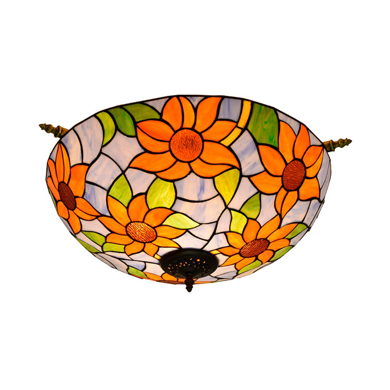 Stained Glass Flower Ceiling Fixture Tiffany 5 Lights Pink/Yellow/Blue Semi Flush Mount Light for Bedroom, 21.5"/25.5" W Clearhalo 'Ceiling Lights' 'Close To Ceiling Lights' 'Close to ceiling' 'Glass shade' 'Glass' 'Semi-flushmount' 'Tiffany close to ceiling' 'Tiffany' Lighting' 296505
