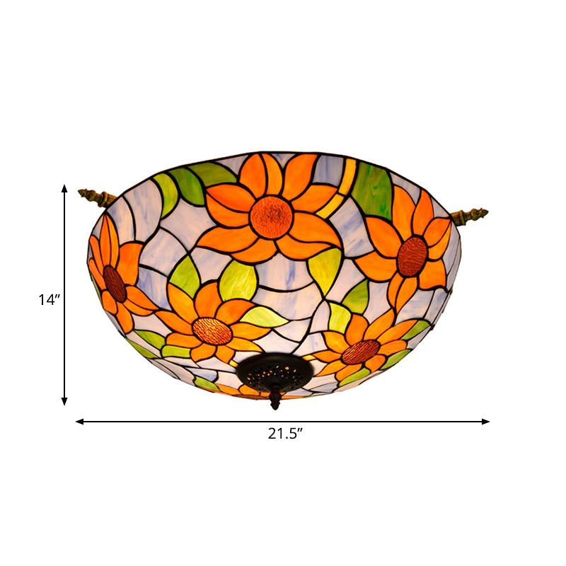 Stained Glass Flower Ceiling Fixture Tiffany 5 Lights Pink/Yellow/Blue Semi Flush Mount Light for Bedroom, 21.5"/25.5" W Clearhalo 'Ceiling Lights' 'Close To Ceiling Lights' 'Close to ceiling' 'Glass shade' 'Glass' 'Semi-flushmount' 'Tiffany close to ceiling' 'Tiffany' Lighting' 296506