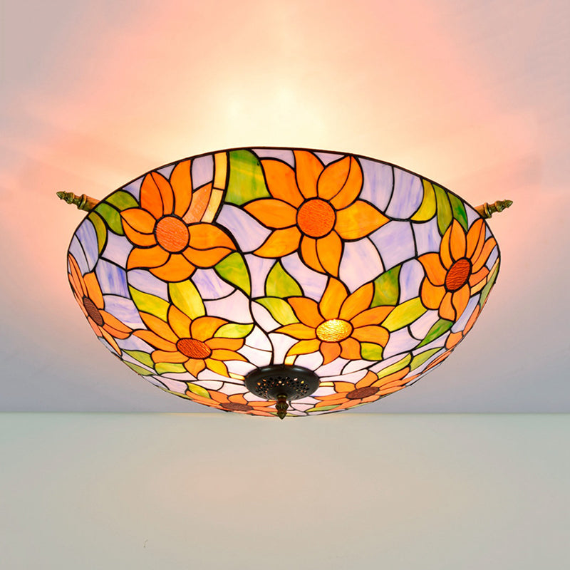 Stained Glass Flower Ceiling Fixture Tiffany 5 Lights Pink/Yellow/Blue Semi Flush Mount Light for Bedroom, 21.5"/25.5" W Blue 25.5" Clearhalo 'Ceiling Lights' 'Close To Ceiling Lights' 'Close to ceiling' 'Glass shade' 'Glass' 'Semi-flushmount' 'Tiffany close to ceiling' 'Tiffany' Lighting' 296507