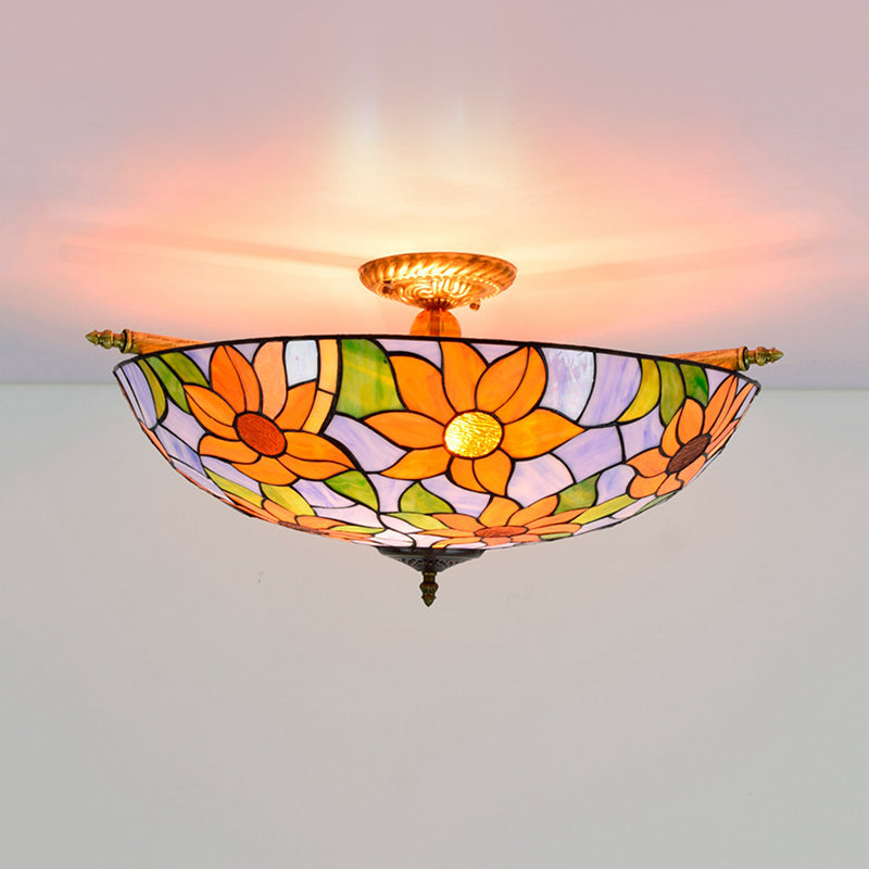 Stained Glass Flower Ceiling Fixture Tiffany 5 Lights Pink/Yellow/Blue Semi Flush Mount Light for Bedroom, 21.5"/25.5" W Clearhalo 'Ceiling Lights' 'Close To Ceiling Lights' 'Close to ceiling' 'Glass shade' 'Glass' 'Semi-flushmount' 'Tiffany close to ceiling' 'Tiffany' Lighting' 296508