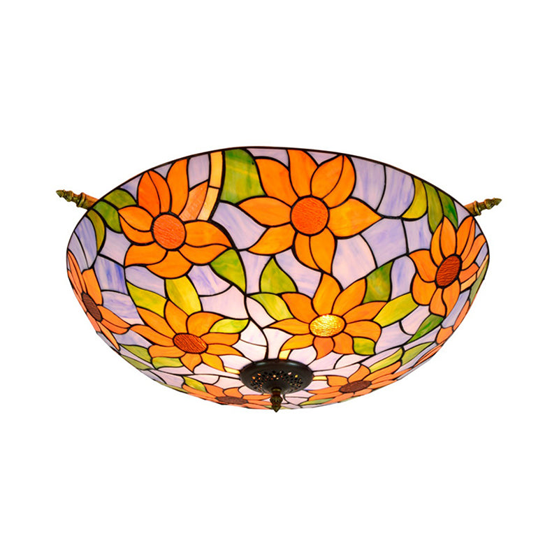 Stained Glass Flower Ceiling Fixture Tiffany 5 Lights Pink/Yellow/Blue Semi Flush Mount Light for Bedroom, 21.5"/25.5" W Clearhalo 'Ceiling Lights' 'Close To Ceiling Lights' 'Close to ceiling' 'Glass shade' 'Glass' 'Semi-flushmount' 'Tiffany close to ceiling' 'Tiffany' Lighting' 296509