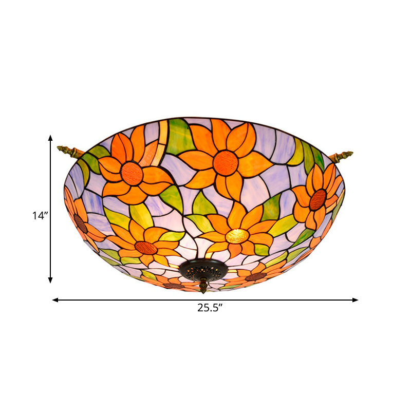 Stained Glass Flower Ceiling Fixture Tiffany 5 Lights Pink/Yellow/Blue Semi Flush Mount Light for Bedroom, 21.5"/25.5" W Clearhalo 'Ceiling Lights' 'Close To Ceiling Lights' 'Close to ceiling' 'Glass shade' 'Glass' 'Semi-flushmount' 'Tiffany close to ceiling' 'Tiffany' Lighting' 296510