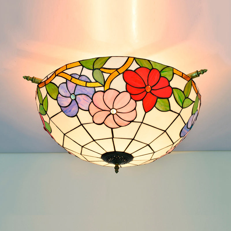 Stained Glass Flower Ceiling Fixture Tiffany 5 Lights Pink/Yellow/Blue Semi Flush Mount Light for Bedroom, 21.5"/25.5" W Pink 21.5" Clearhalo 'Ceiling Lights' 'Close To Ceiling Lights' 'Close to ceiling' 'Glass shade' 'Glass' 'Semi-flushmount' 'Tiffany close to ceiling' 'Tiffany' Lighting' 296511