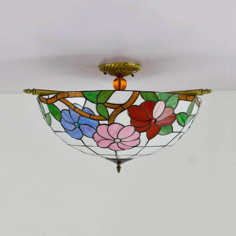 Stained Glass Flower Ceiling Fixture Tiffany 5 Lights Pink/Yellow/Blue Semi Flush Mount Light for Bedroom, 21.5"/25.5" W Clearhalo 'Ceiling Lights' 'Close To Ceiling Lights' 'Close to ceiling' 'Glass shade' 'Glass' 'Semi-flushmount' 'Tiffany close to ceiling' 'Tiffany' Lighting' 296512
