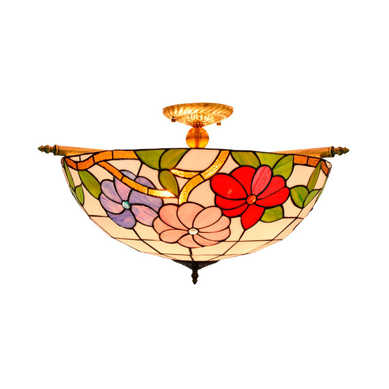 Stained Glass Flower Ceiling Fixture Tiffany 5 Lights Pink/Yellow/Blue Semi Flush Mount Light for Bedroom, 21.5"/25.5" W Clearhalo 'Ceiling Lights' 'Close To Ceiling Lights' 'Close to ceiling' 'Glass shade' 'Glass' 'Semi-flushmount' 'Tiffany close to ceiling' 'Tiffany' Lighting' 296513
