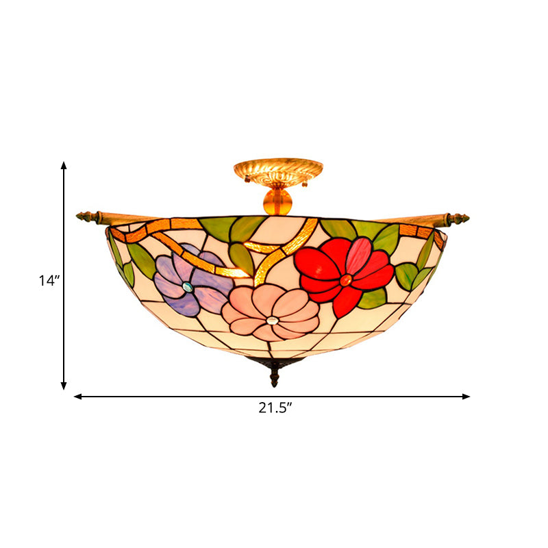 Stained Glass Flower Ceiling Fixture Tiffany 5 Lights Pink/Yellow/Blue Semi Flush Mount Light for Bedroom, 21.5"/25.5" W Clearhalo 'Ceiling Lights' 'Close To Ceiling Lights' 'Close to ceiling' 'Glass shade' 'Glass' 'Semi-flushmount' 'Tiffany close to ceiling' 'Tiffany' Lighting' 296514