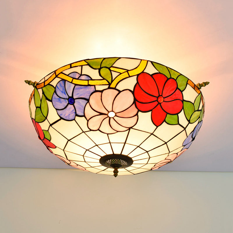Stained Glass Flower Ceiling Fixture Tiffany 5 Lights Pink/Yellow/Blue Semi Flush Mount Light for Bedroom, 21.5"/25.5" W Pink 25.5" Clearhalo 'Ceiling Lights' 'Close To Ceiling Lights' 'Close to ceiling' 'Glass shade' 'Glass' 'Semi-flushmount' 'Tiffany close to ceiling' 'Tiffany' Lighting' 296515