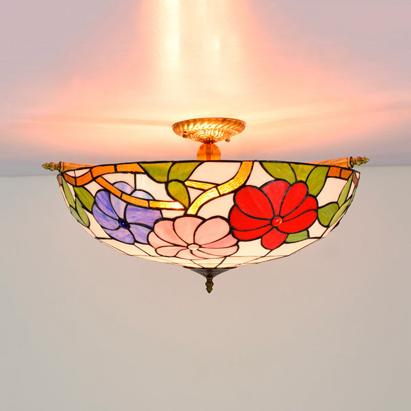 Stained Glass Flower Ceiling Fixture Tiffany 5 Lights Pink/Yellow/Blue Semi Flush Mount Light for Bedroom, 21.5"/25.5" W Clearhalo 'Ceiling Lights' 'Close To Ceiling Lights' 'Close to ceiling' 'Glass shade' 'Glass' 'Semi-flushmount' 'Tiffany close to ceiling' 'Tiffany' Lighting' 296516