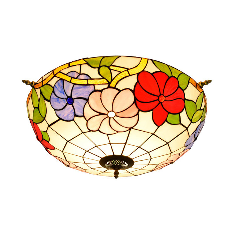 Stained Glass Flower Ceiling Fixture Tiffany 5 Lights Pink/Yellow/Blue Semi Flush Mount Light for Bedroom, 21.5"/25.5" W Clearhalo 'Ceiling Lights' 'Close To Ceiling Lights' 'Close to ceiling' 'Glass shade' 'Glass' 'Semi-flushmount' 'Tiffany close to ceiling' 'Tiffany' Lighting' 296517