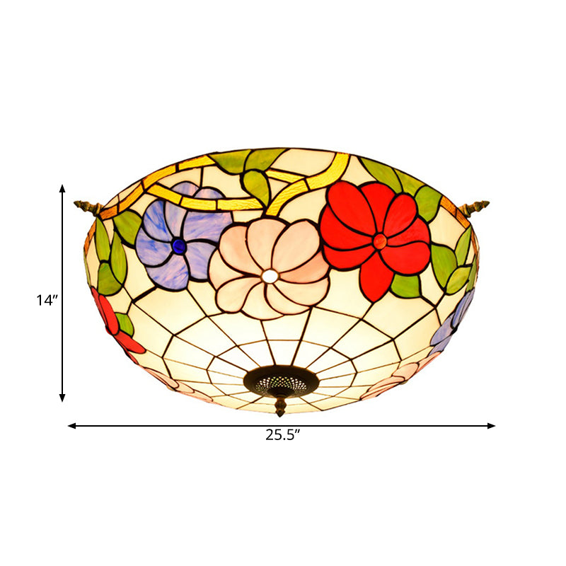 Stained Glass Flower Ceiling Fixture Tiffany 5 Lights Pink/Yellow/Blue Semi Flush Mount Light for Bedroom, 21.5"/25.5" W Clearhalo 'Ceiling Lights' 'Close To Ceiling Lights' 'Close to ceiling' 'Glass shade' 'Glass' 'Semi-flushmount' 'Tiffany close to ceiling' 'Tiffany' Lighting' 296518