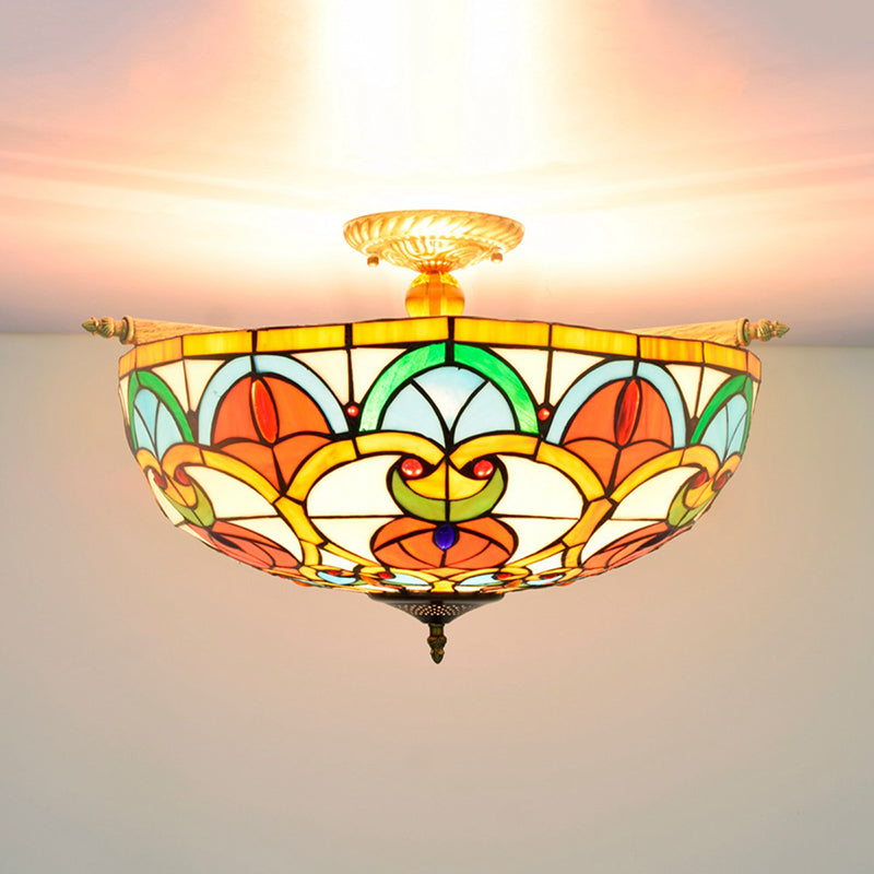 21.5"/25.5" W Brass Jewel Ceiling Lamp Baroque 5 Bulbs Multicolored Stained Glass Semi Flush Mount Lighting Brass 21.5" Clearhalo 'Ceiling Lights' 'Chandeliers' 'Close To Ceiling Lights' 'Close to ceiling' 'Glass shade' 'Glass' 'Semi-flushmount' 'Tiffany close to ceiling' 'Tiffany' Lighting' 296519