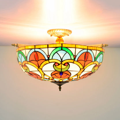 21.5"/25.5" W Brass Jewel Ceiling Lamp Baroque 5 Bulbs Multicolored Stained Glass Semi Flush Mount Lighting Brass 21.5" Clearhalo 'Ceiling Lights' 'Chandeliers' 'Close To Ceiling Lights' 'Close to ceiling' 'Glass shade' 'Glass' 'Semi-flushmount' 'Tiffany close to ceiling' 'Tiffany' Lighting' 296519