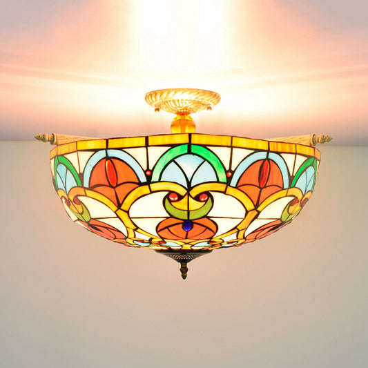 21.5"/25.5" W Brass Jewel Ceiling Lamp Baroque 5 Bulbs Multicolored Stained Glass Semi Flush Mount Lighting Brass 21.5" Clearhalo 'Ceiling Lights' 'Chandeliers' 'Close To Ceiling Lights' 'Close to ceiling' 'Glass shade' 'Glass' 'Semi-flushmount' 'Tiffany close to ceiling' 'Tiffany' Lighting' 296519
