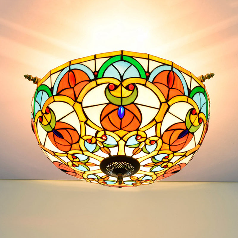 21.5"/25.5" W Brass Jewel Ceiling Lamp Baroque 5 Bulbs Multicolored Stained Glass Semi Flush Mount Lighting Clearhalo 'Ceiling Lights' 'Chandeliers' 'Close To Ceiling Lights' 'Close to ceiling' 'Glass shade' 'Glass' 'Semi-flushmount' 'Tiffany close to ceiling' 'Tiffany' Lighting' 296520