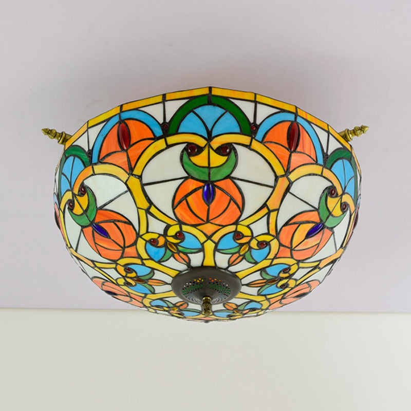 21.5"/25.5" W Brass Jewel Ceiling Lamp Baroque 5 Bulbs Multicolored Stained Glass Semi Flush Mount Lighting Clearhalo 'Ceiling Lights' 'Chandeliers' 'Close To Ceiling Lights' 'Close to ceiling' 'Glass shade' 'Glass' 'Semi-flushmount' 'Tiffany close to ceiling' 'Tiffany' Lighting' 296521