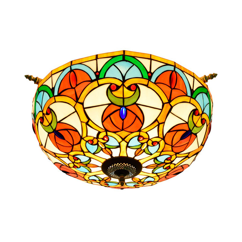 21.5"/25.5" W Brass Jewel Ceiling Lamp Baroque 5 Bulbs Multicolored Stained Glass Semi Flush Mount Lighting Clearhalo 'Ceiling Lights' 'Chandeliers' 'Close To Ceiling Lights' 'Close to ceiling' 'Glass shade' 'Glass' 'Semi-flushmount' 'Tiffany close to ceiling' 'Tiffany' Lighting' 296522