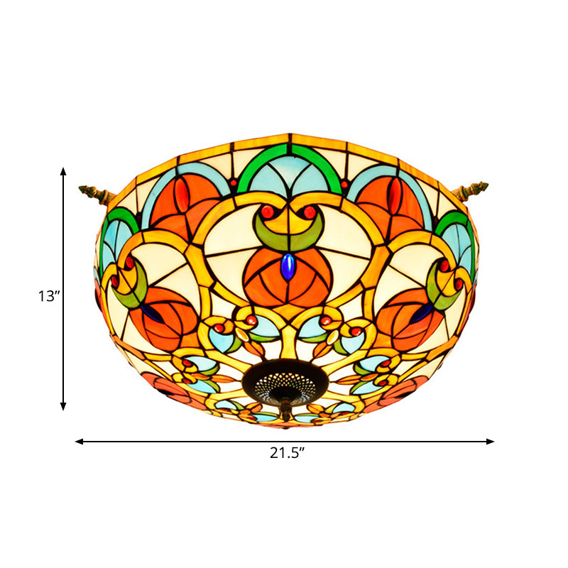 21.5"/25.5" W Brass Jewel Ceiling Lamp Baroque 5 Bulbs Multicolored Stained Glass Semi Flush Mount Lighting Clearhalo 'Ceiling Lights' 'Chandeliers' 'Close To Ceiling Lights' 'Close to ceiling' 'Glass shade' 'Glass' 'Semi-flushmount' 'Tiffany close to ceiling' 'Tiffany' Lighting' 296523